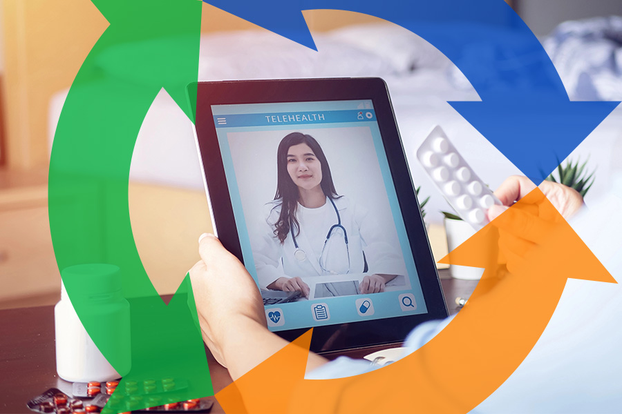 A doctor on a tablet talks to the person holding the tablet during a call with a Conexon icon around for thumbnail.