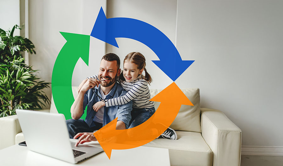 Father and daughter sit on couch smiling at laptop computer connected to fiber internet with big Conexon logo.