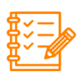 Orange icon of a notepad with a pencil making check marks.